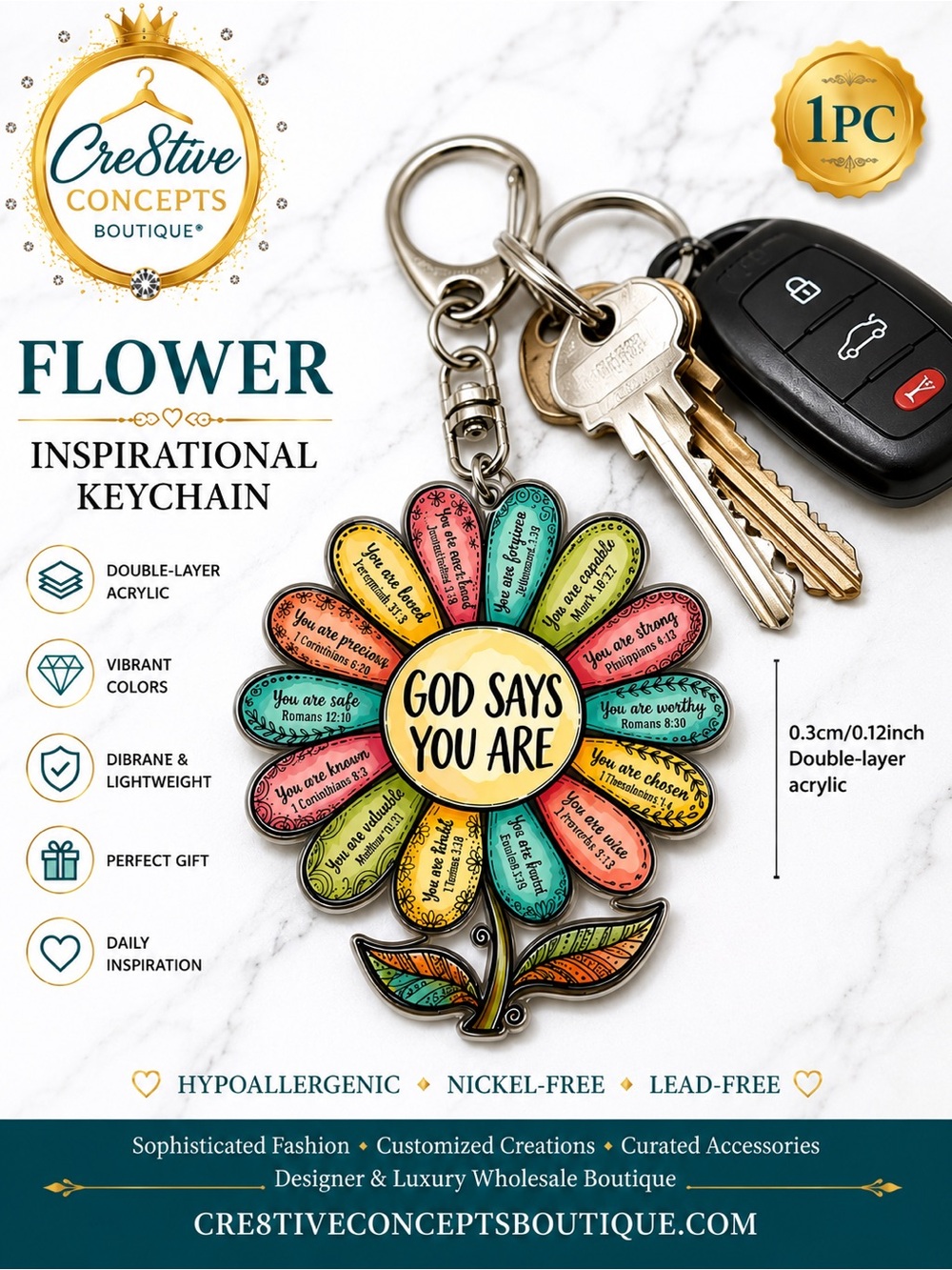 Flower Inspirational Acrylic Keychain – “God Says You Are”
